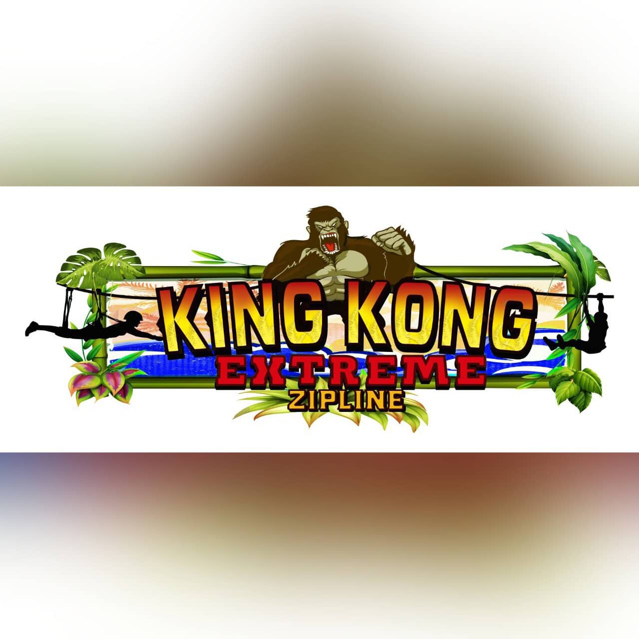The image features a colorful logo for King Kong Extreme Zipline in Roatan, Honduras, with a fierce gorilla illustration, jungle foliage, and silhouettes of people ziplining against a tropical backdrop.