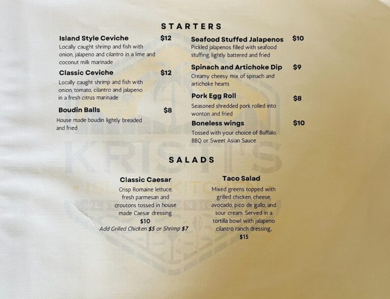 Roatan restaurant menu featuring starter dishes like Island Style Ceviche, Classic Ceviche, Boudin Balls, Seafood Stuffed Jalapenos, Spinach and Artichoke Dip, Pork Egg Roll, and Boneless Wings with detailed descriptions and prices, set against a light background with a subtle map of Roatan in Honduras.