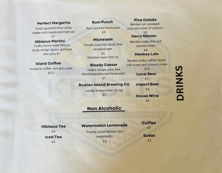 A menu displaying a variety of alcoholic and non-alcoholic drinks from Roatan Island Brewing Co in Honduras, including cocktails, beers, and soft drinks, with prices listed in USD.
