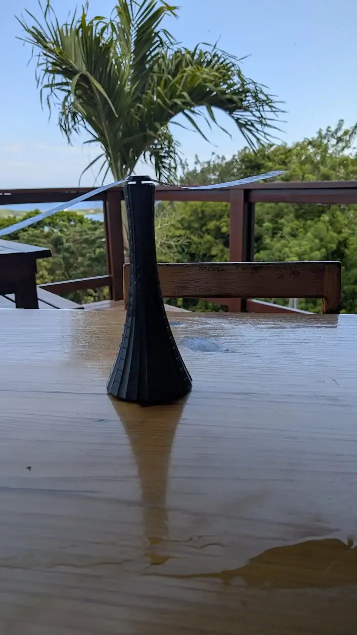 Battery-operated table fan at Kristi’s Overlook for outdoor dining comfort
