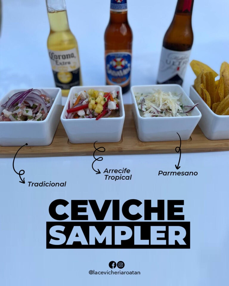 A ceviche sampler with traditional, Arrecife Tropical, and Parmesan ceviches served in small white bowls on a wooden tray, with three bottled beverages in the background, set against a light blue background typically found in Roatan, Honduras.