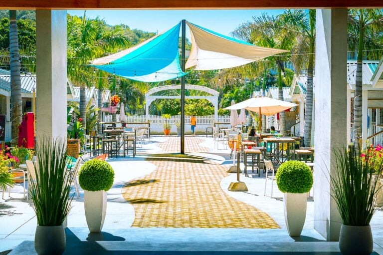 A colorful outdoor seating area with tables, chairs, umbrellas, and shade sails, surrounded by lush palm trees and tropical plants in Roatan, Honduras.
