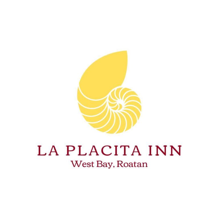 The image displays the logo for La Placita Inn in West Bay, Roatan, Honduras, featuring a yellow nautilus shell illustration and the business name in red text.