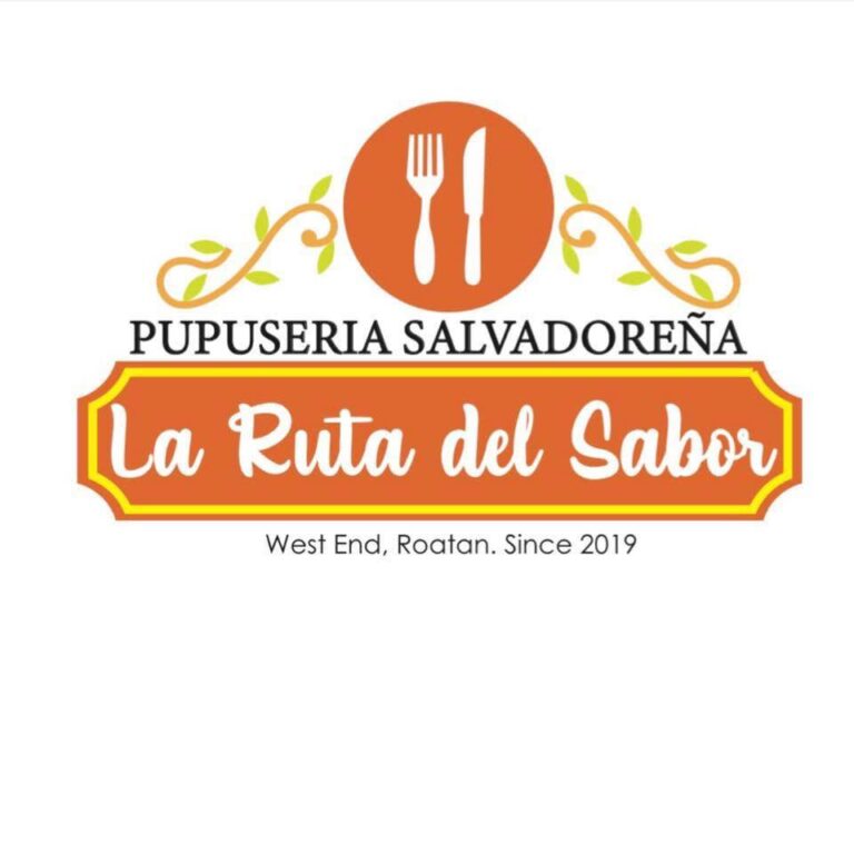 The logo for Pupuseria Salvadoreña La Ruta del Sabor features a fork and knife above the business name, with decorative green leaves and a warm color scheme, indicating a Salvadoran restaurant located in West End, Roatan, Honduras since 2019.