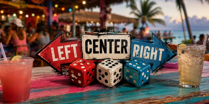 A colorful outdoor bar setting in Roatan, Honduras with a sign indicating left, center, and right, surrounded by drinks and people enjoying a tropical evening near the beach.