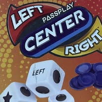 A colorful board featuring a lively game layout with dice, the words "Left," "Center," and "Right," and decorative elements, representing a traditional dice game popular in Roatan, Honduras.
