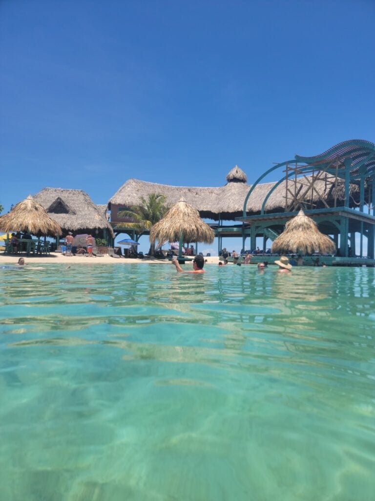 Guests swim in clear turquoise waters at a beachfront resort in Roatan, Honduras, with thatched-roof huts, a palm tree, and a shaded deck area overlooking the ocean.