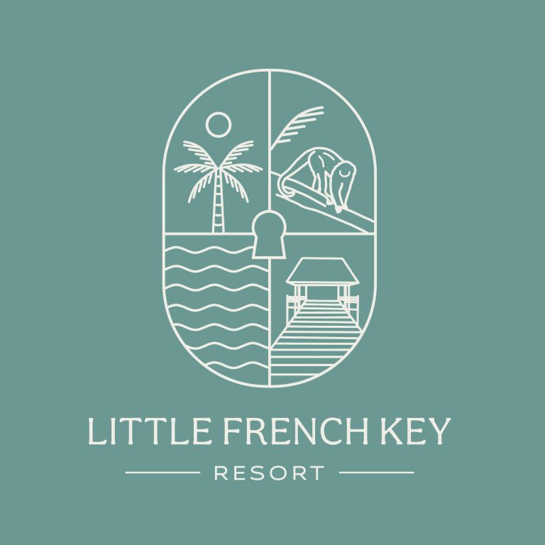 The Littler French Key Resort in Roatan, Honduras, features a logo with a stylized palm tree, a hammock, and a small hut set against a teal background with the resort's name displayed prominently.