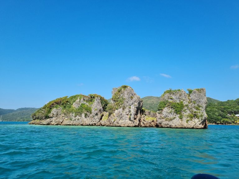 A lush green island with rocky cliffs and dense vegetation rises from turquoise waters under a clear blue sky in Roatan, Honduras.