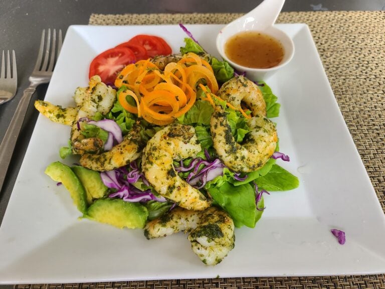 Grilled chicken salad with sliced tomatoes, shredded carrots, purple cabbage, and cucumber served with a side of vinaigrette in a white bowl on a white plate on a woven placemat in Roatan, Honduras.