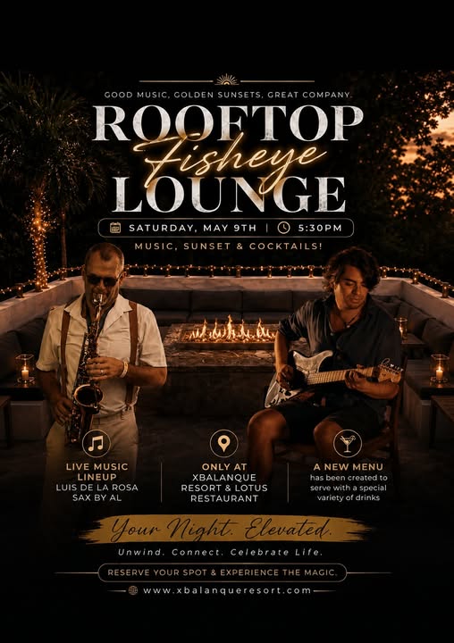 A promotional poster for Rooftop Fisheye Lounge on Roatan, Honduras, advertising a live music event with a saxophonist and guitarist, set against a sunset background with palm trees and decorative lighting.