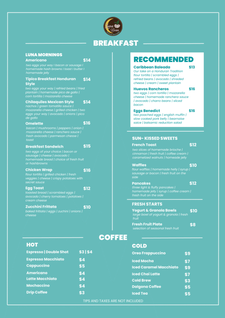 A breakfast menu display featuring various Honduran and Roatan-inspired breakfast dishes, snacks, desserts, and coffee options, with sections for recommended items, sun-kissed sweets, fresh starts, and hot and cold beverages.