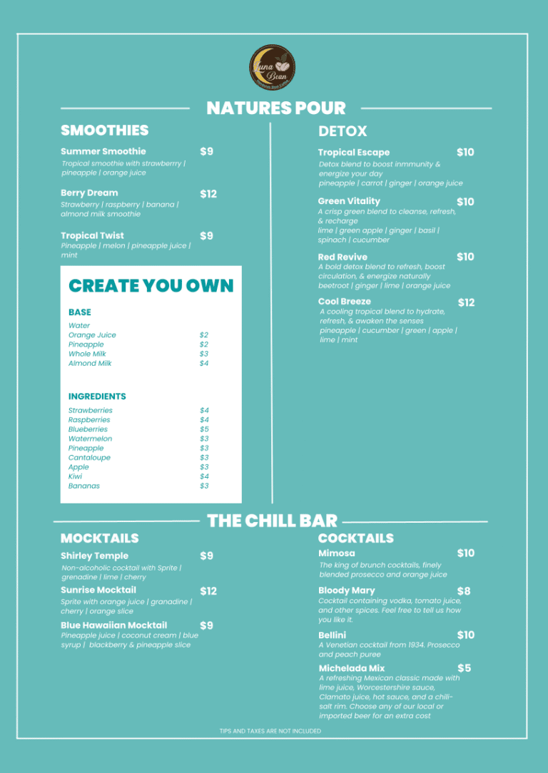 The image shows a menu from a health and smoothie bar called Luna Bean located on Roatan, Honduras, featuring sections for smoothies, detox drinks, and cocktails, with colorful design elements and pricing listed for each item.