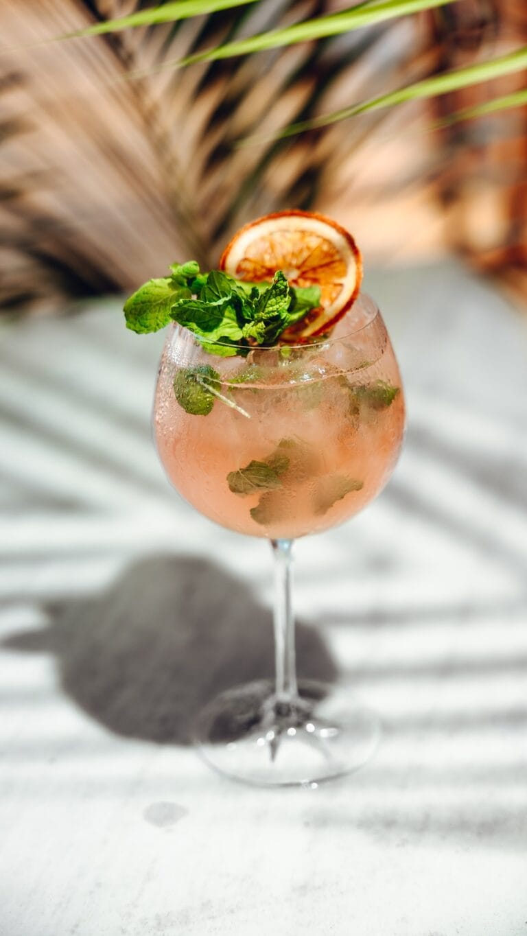 A pink cocktail garnished with fresh mint and a dried citrus slice is shown in a stemmed glass on a white surface, with a blurred background of greenery and a brick wall, representing a stylish drink from Roatan, Honduras.
