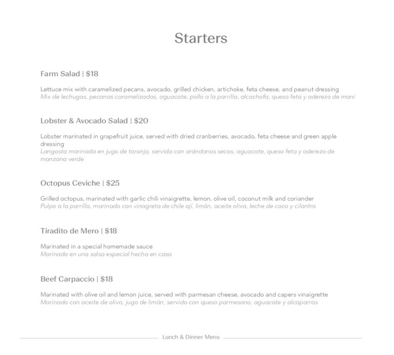 A printed lunch and dinner menu from Roatan, Honduras, featuring starters like farm salad, lobster and avocado salad, octopus ceviche, tiradito de mero, and beef carpaccio with detailed descriptions and prices.