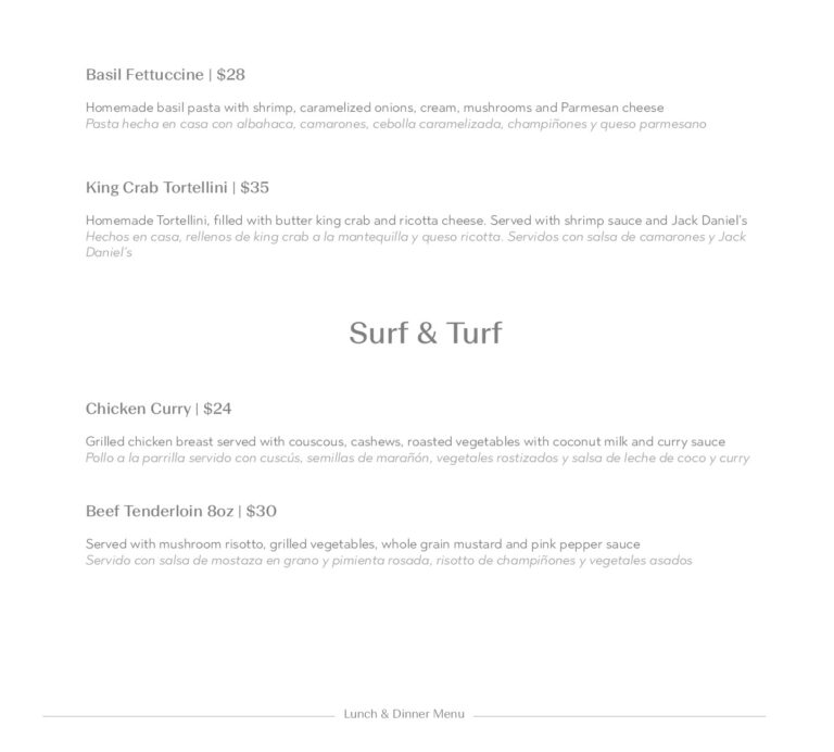 A section of a restaurant menu displaying various dishes including basil fettuccine, king crab tortellini, chicken curry, and beef tenderloin, with descriptions in both English and Spanish, set against a light background.