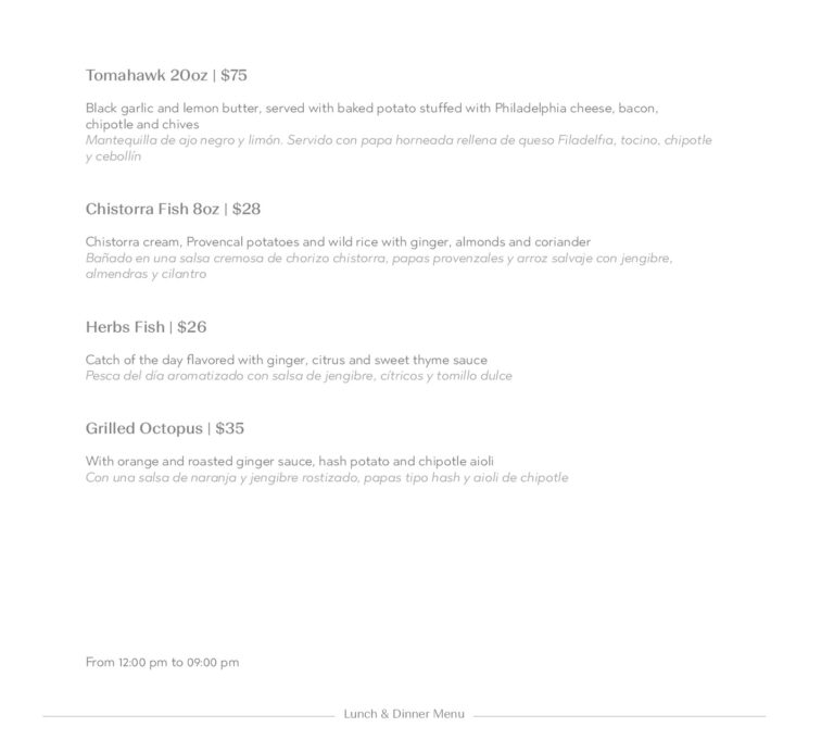 A food menu from Roatan, Honduras displaying dishes such as Tomahawk steak, Chistorra Fish, Herbs Fish, and Grilled Octopus with descriptions in English and Spanish.