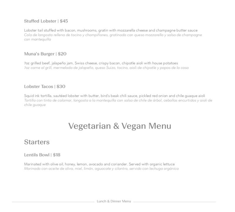 A business menu displaying various dishes including stuffed lobster, burger, and lobster tacos from a restaurant in Roatan, Honduras, with a minimalist design and English and Spanish descriptions.
