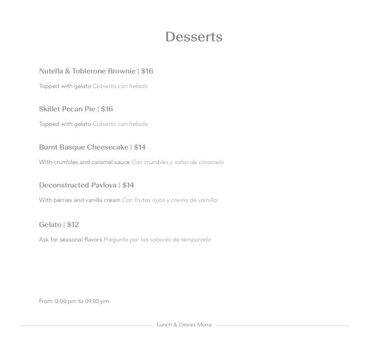 A menu displaying various dessert options such as Nutella & Toblerone brownie, skillet pecan pie, burnt Basque cheesecake, deconstructed Pavlova, and gelato on a white background, with descriptions in Spanish and English, for a restaurant in Roatan, Honduras.