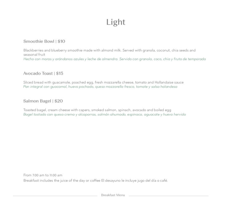 A menu featuring breakfast and snack options from a cafe in Roatan, Bay Islands, Honduras, including smoothies, avocado toast, and salmon bagels, displayed on a white background with text descriptions.