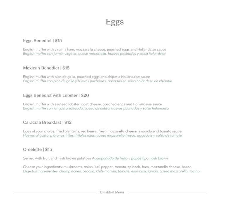 A menu page from RoatanYP.com listing various breakfast dishes with their prices, including English, Mexican, lobster, Caracola, and omelette options, written in English and Spanish.