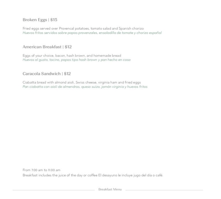 A list of breakfast dishes on a menu from a restaurant in Roatan, Bay Islands, Honduras, showing fried eggs, American breakfast, and a caracolas sandwich with descriptions in English and Spanish.