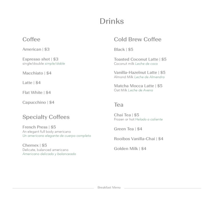 A menu displaying various coffee and drink options on a white background with the title 'Drinks' at the top, including sections for Coffee, Specialty Coffees, Cold Brew Coffee, and Tea listed with prices and descriptions in English and Spanish.