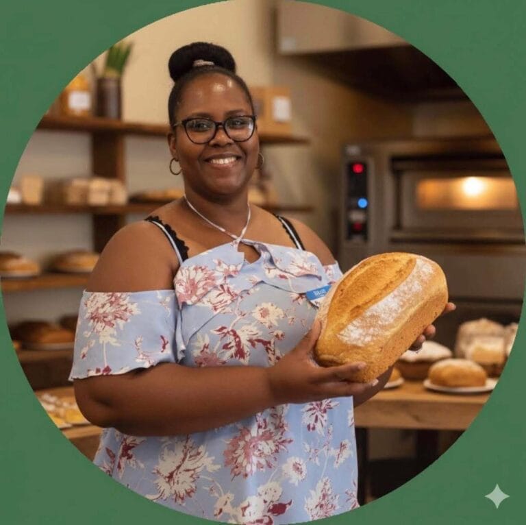 A woman holding a freshly baked loaf of bread in a bakery setting on Roatan, Honduras, with shelves of bread and baked goods in the background.