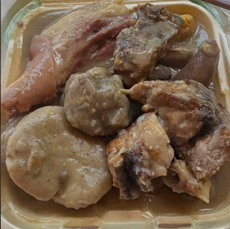 A variety of traditional Honduran stewed meats and root vegetables are shown in a plastic container, representing a typical dish from Roatan, Honduras.