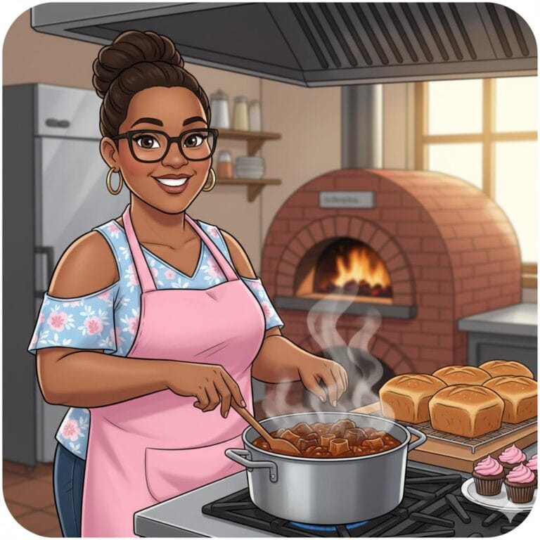 A woman wearing a pink apron and glasses cooks hearty stew on a stove in a cozy kitchen with a brick pizza oven in Roatan, Honduras, surrounded by baked goods and cupcakes.