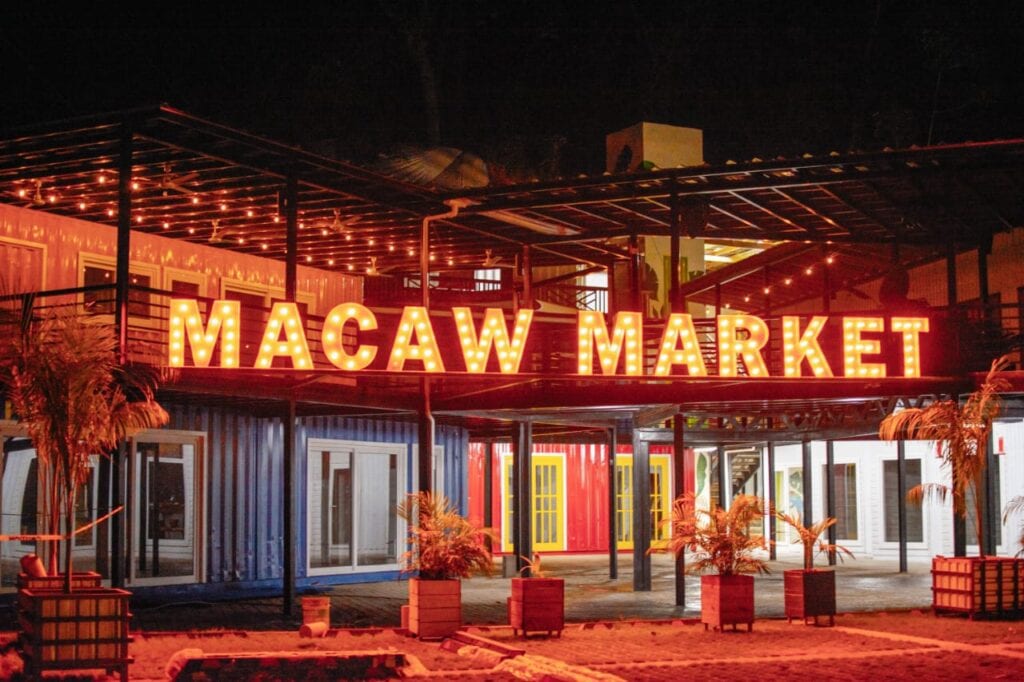 The image shows the illuminated sign of "MacaW Market" on a building in Roatan, Honduras, at night, with decorative potted plants and a colorful exterior featuring shipping container-style walls.