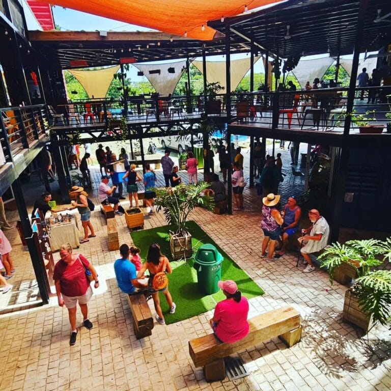 Colorful marketplace with visitors exploring local goods and vibrant surroundings.