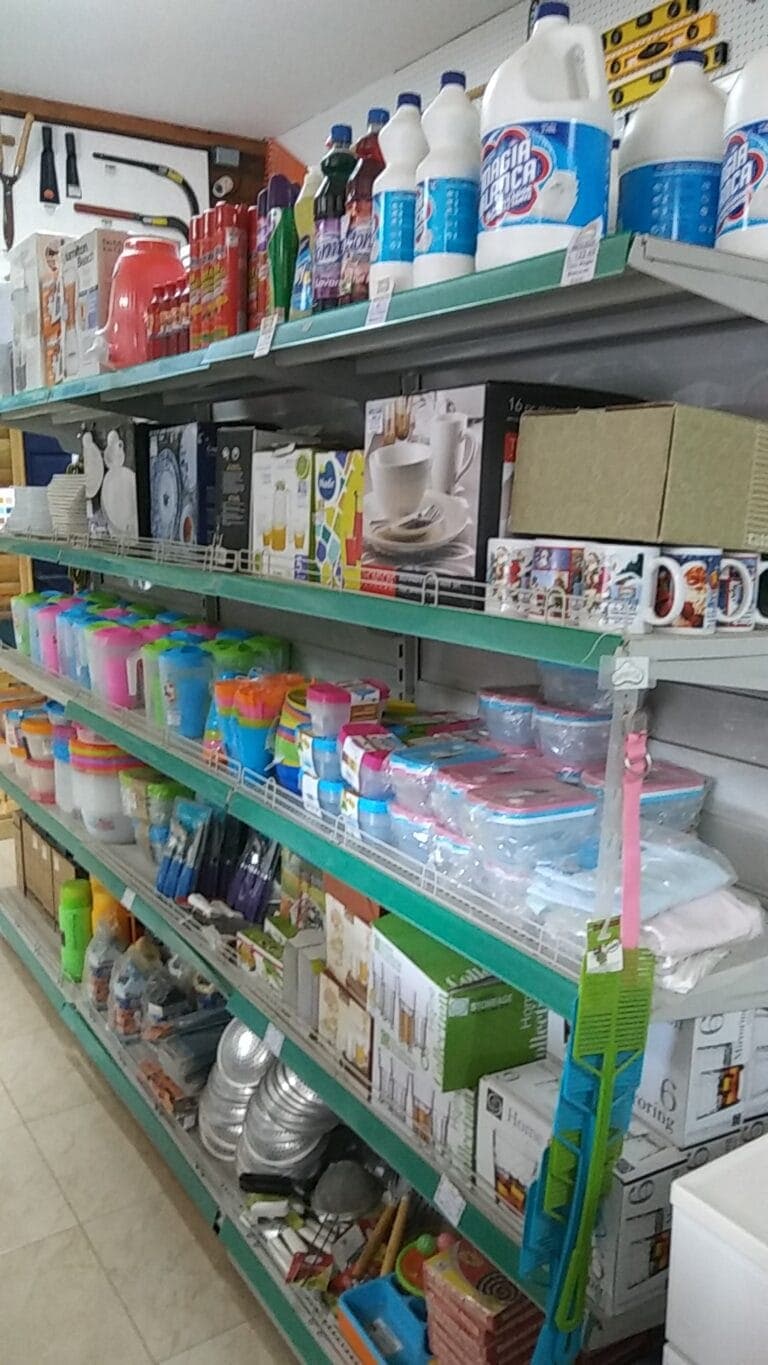 A store display shelf in Roatan, Honduras, stocked with cleaning supplies, kitchenware, and household items, with various bottles, boxes, and utensils organized on metal shelves.