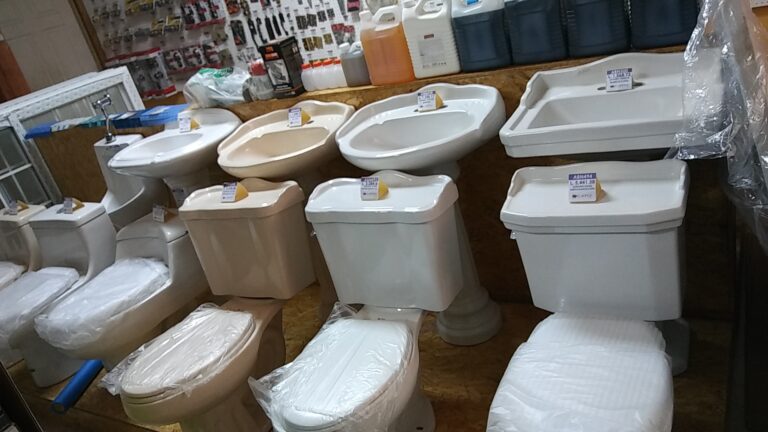 A display of multiple new ceramic toilets in various styles and colors inside a hardware store in Roatan, Honduras.