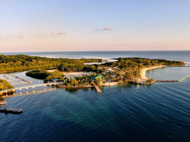 An aerial view of a coastal area in Roatan, Honduras, showing lush green islands, a sandy beach, marinas, and calm blue waters under a clear sky.