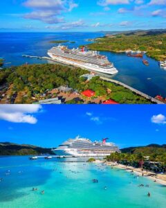 A large cruise ship docked near a lush green coastline and a sandy beach with people swimming and relaxing, showcasing the scenic beauty of Roatan in Honduras.