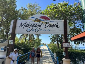 People walk across a blue bridge into Mahogany Beach on Roatan, Honduras, with lush green trees, clear blue sky, and signage indicating a no drone zone in the background.