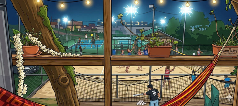 A lit-up outdoor tennis and volleyball court in Roatan, Honduras, is visible through a window, with players engaged in matches under string lights amid lush trees and potted plants.