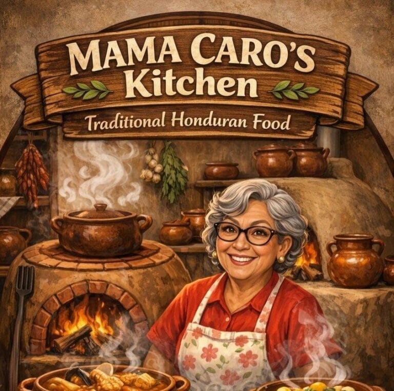 A smiling elderly woman with gray hair and glasses stands in front of a traditional Honduran kitchen setting with clay pots, a wood-fired oven, and hanging herbs, promoting Mama Caro's Kitchen in Roatan, Honduras.