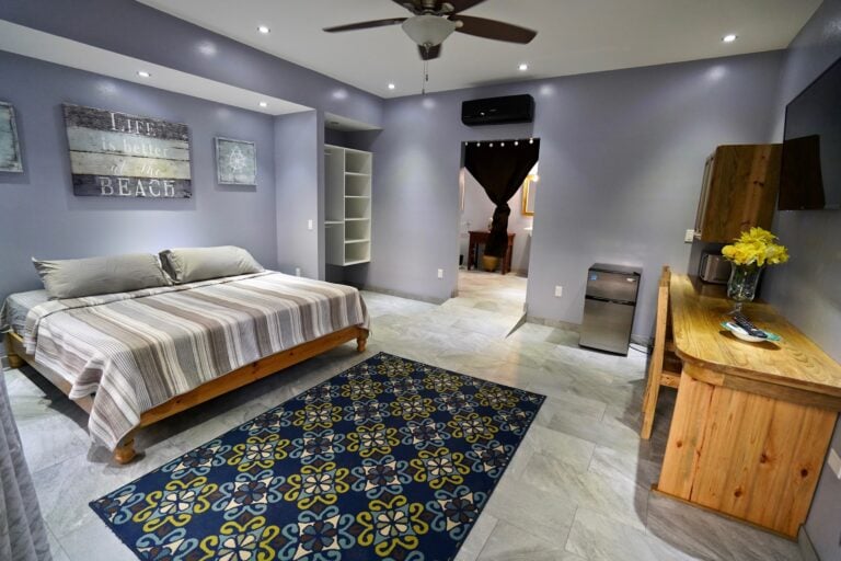 A bedroom with a wooden bed, striped bedding, decorative wall art, a ceiling fan, a TV, a small fridge, and a wooden desk with a vase of yellow flowers, located in Roatan, Honduras.