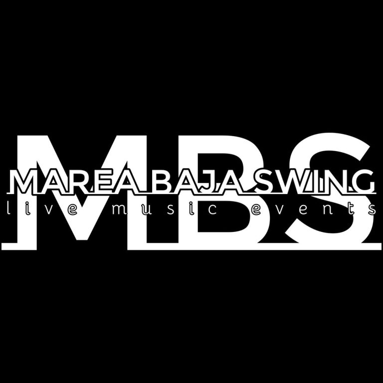 The image features a black background with the words "MareAja Baja Swing live music events" arranged in a layered, stylized font promoting live music events in Roatan, Honduras.