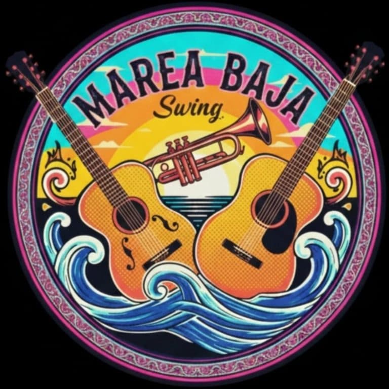 The image features a colorful circular logo for "Marea Baja" in Roatan, Honduras, with two guitars, a trumpet, and ocean waves surrounding a sunset, evoking a lively musical and seaside atmosphere.