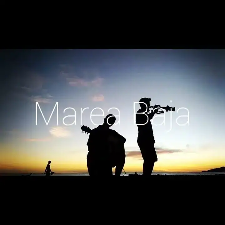 Silhouettes of two people with musical instruments stand on the beach at sunset in Roatan, Honduras.