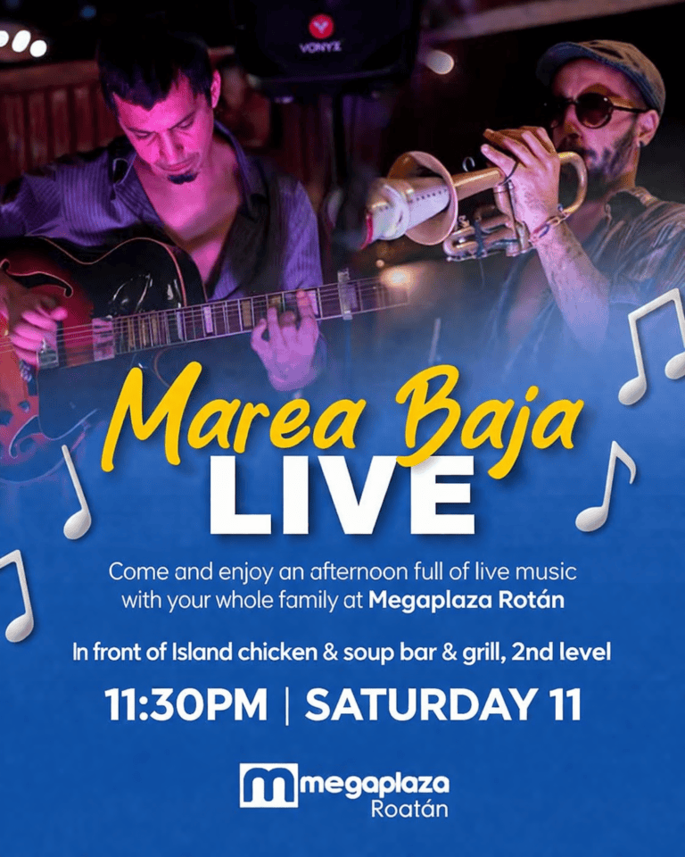 A live music event at Megapaza Rotán in Roatan, Honduras, features a guitarist and a trumpeter performing on stage with musical notes and colorful lighting highlighting the event details.