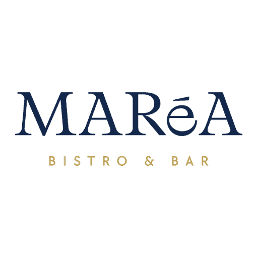 MAREA Bistro & Bar logo displayed in dark blue and gold lettering on a gray background for a Roatan, Honduras business.