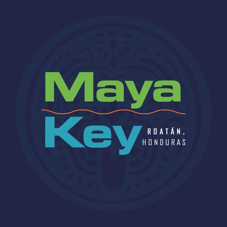 The image displays a colorful logo with the words "Maya Key" in green and blue text, indicating a business or location in Roatan, Honduras, with a dark background and decorative circular patterns.