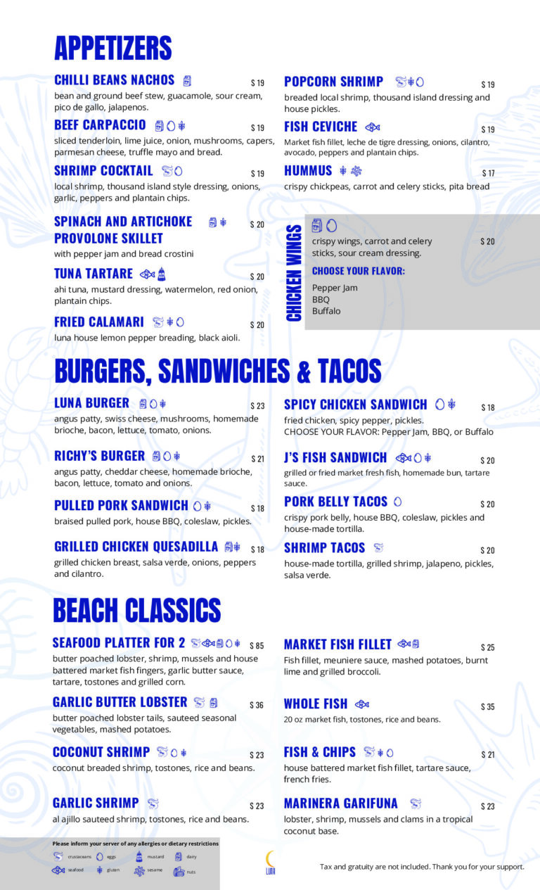 A menu showcasing various seafood and grill dishes at a restaurant on Roatan in the Bay Islands of Honduras, with dishes like fish ceviche, shrimp cocktail, and marineras and different burger options listed with prices.
