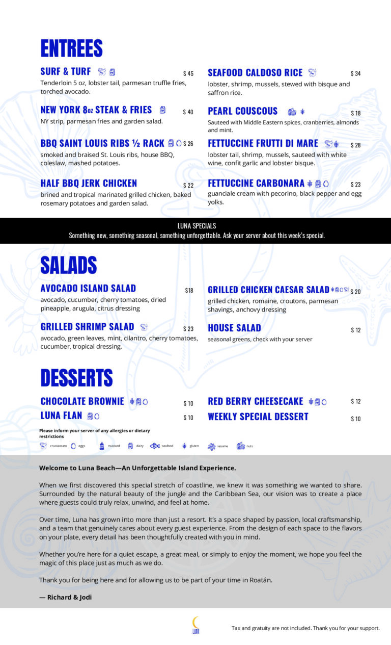 A menu featuring various seafood and salad dishes at a restaurant in Roatan, Bay Islands, Honduras, with vibrant text and colorful dishes displayed.