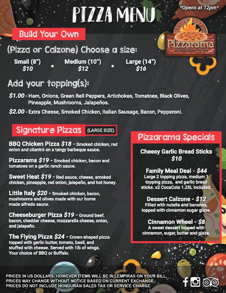 A colorful pizza menu from Pizzarama restaurant in Roatan, Honduras, showcasing various pizza sizes and toppings along with specials and desserts.