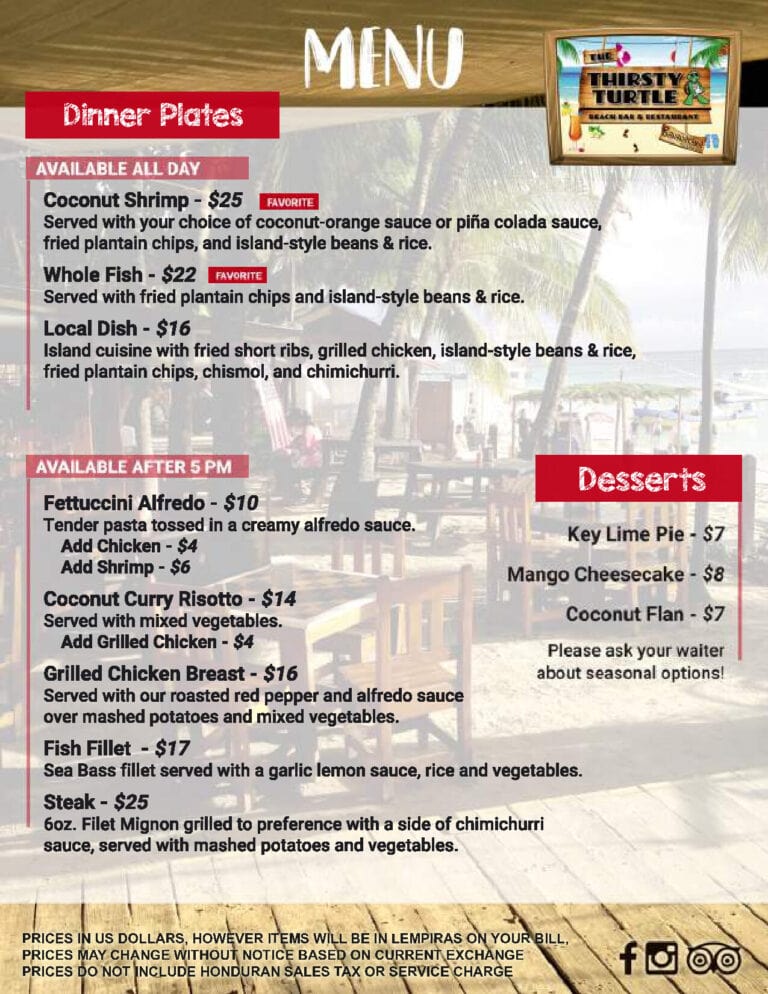 Menu board at Thirsty Turtle Bar & Restaurant on Roatan in the Bay Islands of Honduras, showing dinner plates, appetizers, and dessert options in a tropical setting with palm trees.